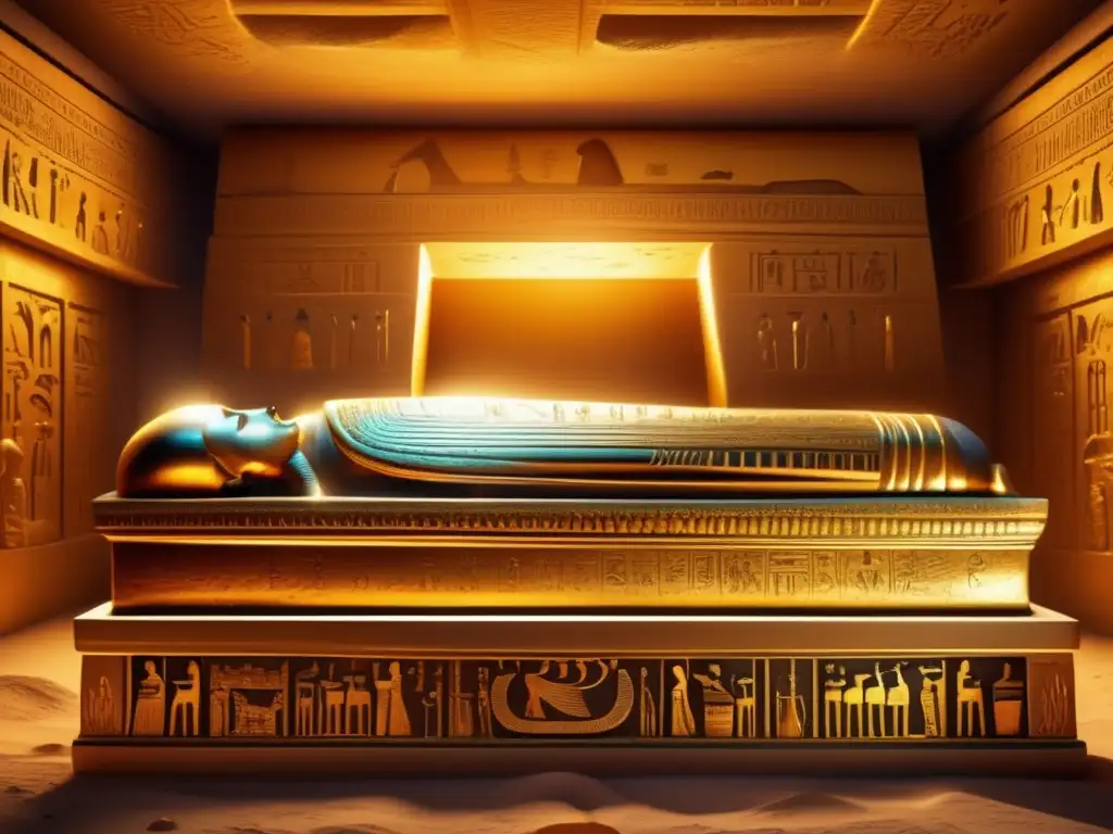 Un tesoro funerario antiguo de Egipto iluminado por rayos de sol, revela una cámara adornada con tesoros de oro y artefactos intrincados