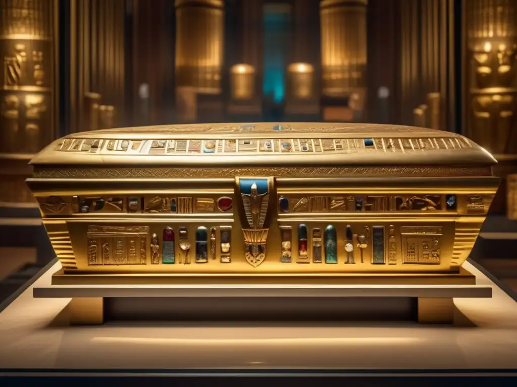 Tesoro funerario antiguo Egipto: Una fotografía vintage muestra una impresionante colección de tesoros funerarios egipcios en una sala de museo tenue