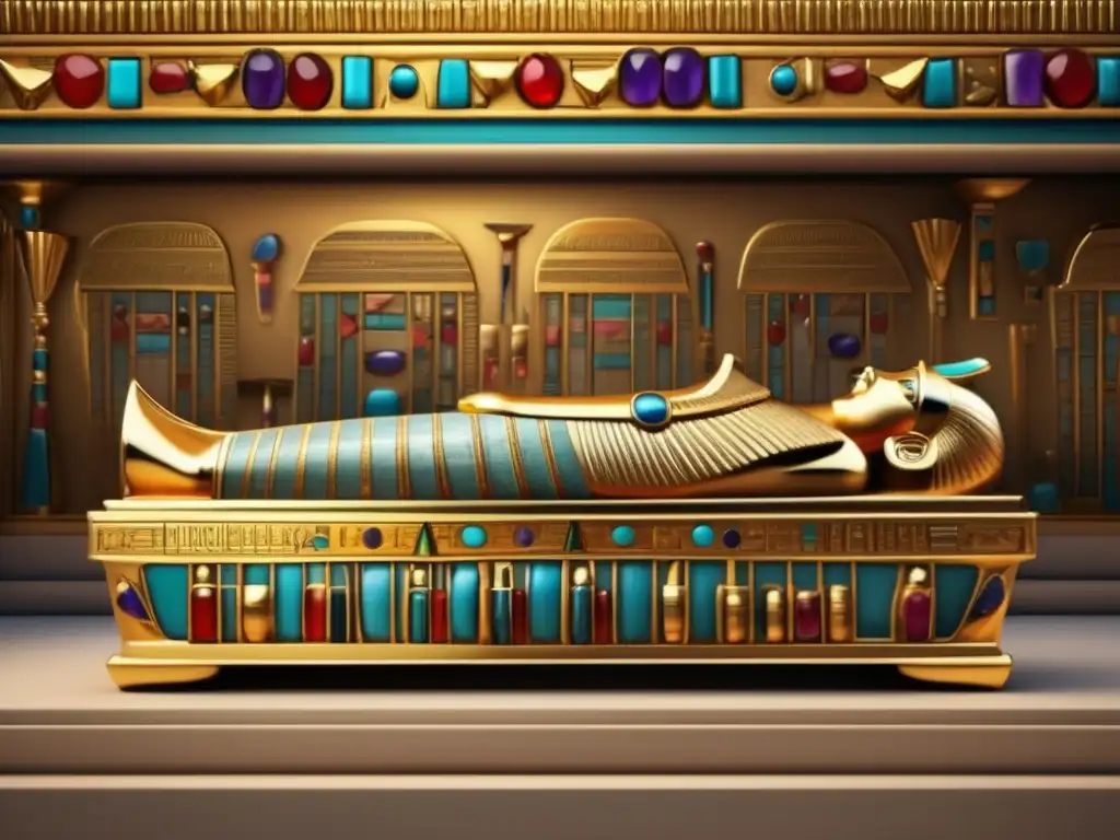 Un tesoro funerario antiguo de Egipto: sarcófago de oro adornado con jeroglíficos y gemas preciosas, rodeado de misterio y elegancia