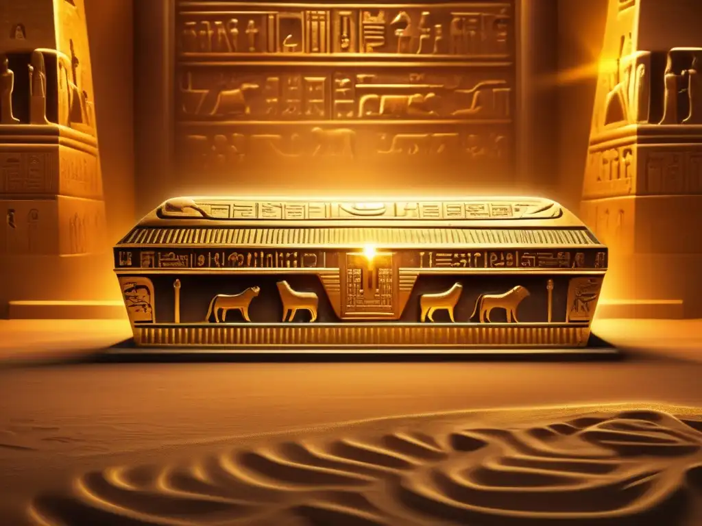 Un tesoro funerario antiguo de Egipto: un sarcófago dorado adornado con jeroglíficos y carvings, en una cámara iluminada por un resplandor místico