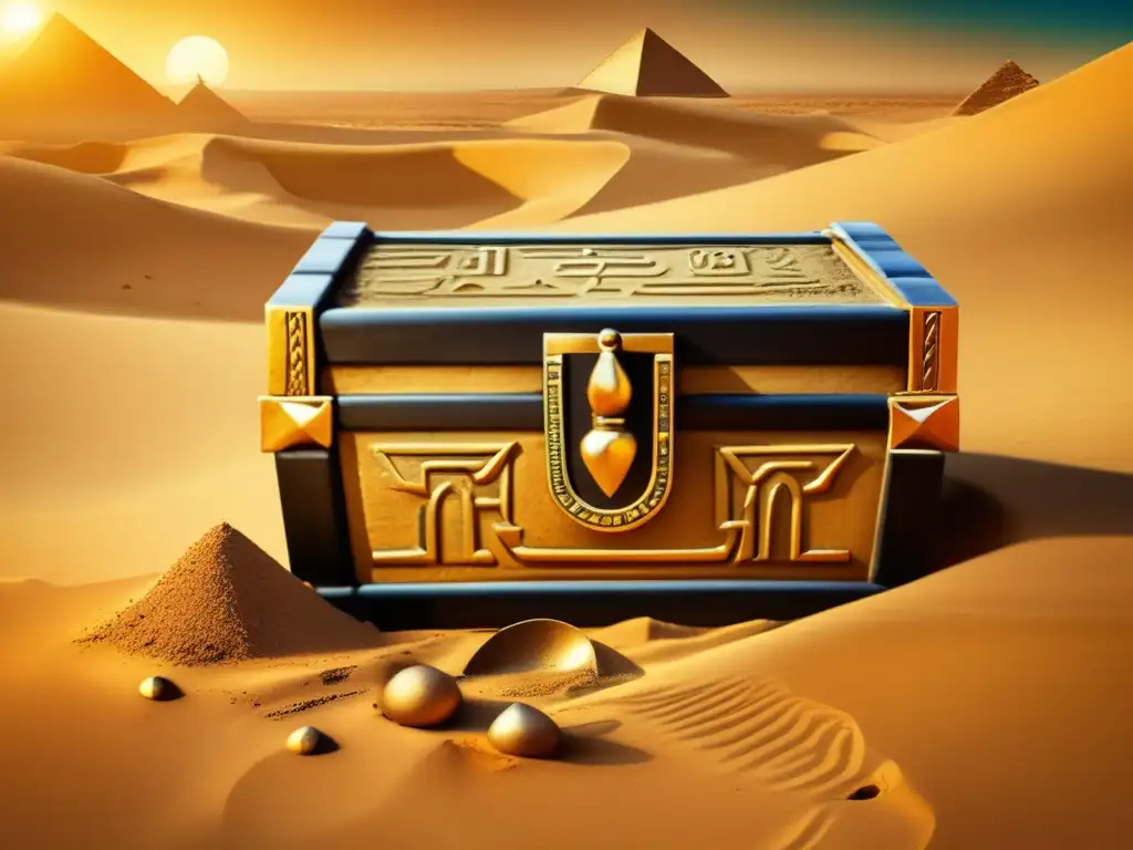 Descubre los tesoros escondidos de Tanis, Egipto, en esta imagen vintage de un antiguo cofre parcialmente enterrado en las doradas arenas