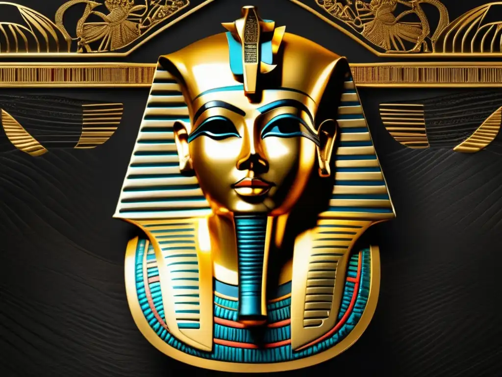 Tesoros del faraón Psusennes I de Egipto: una máscara funeraria dorada y detallada descansa sobre terciopelo negro
