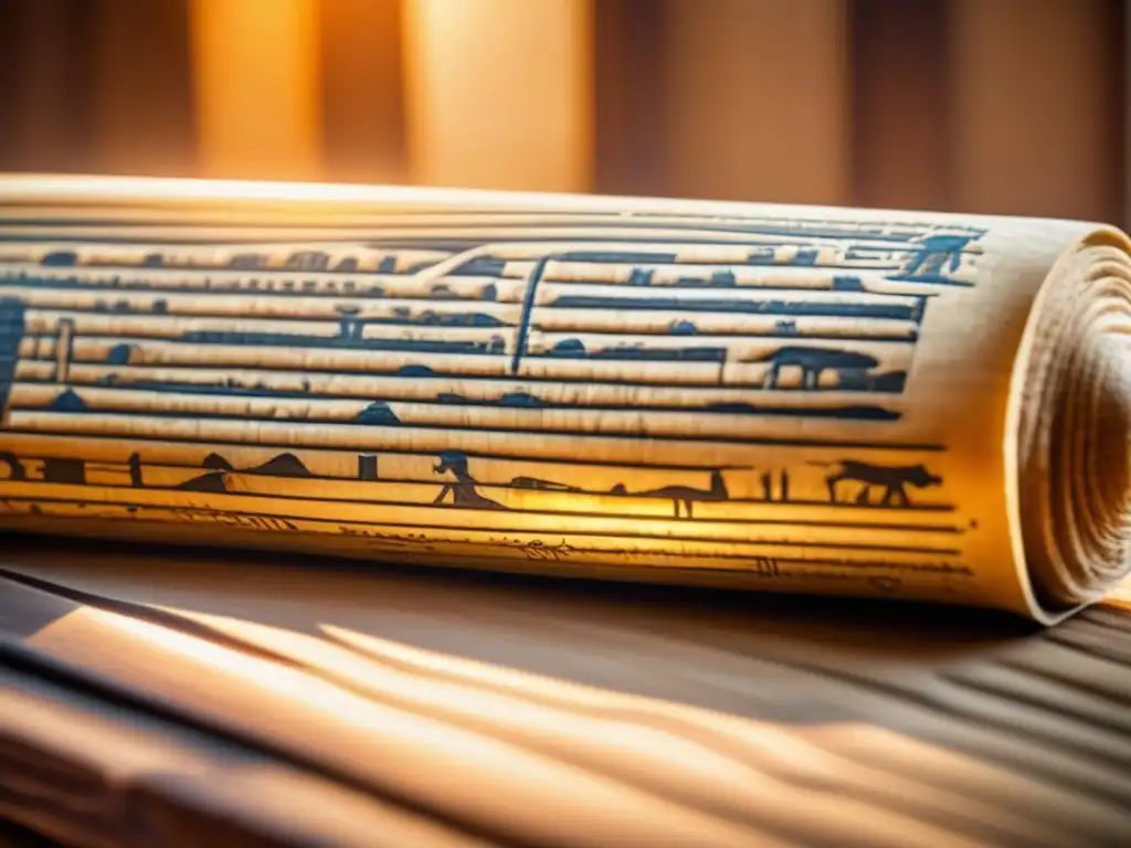 Descifrar textos egipcios con tecnología: Un antiguo pergamino egipcio desplegado con delicadeza sobre una mesa de madera vintage
