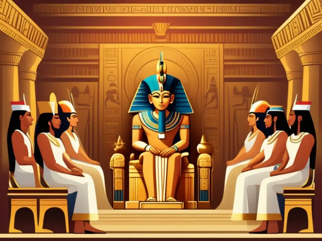 Una ilustración vintage muestra a Thutmose II en su trono, rodeado de cortesanos y sacerdotes en un gran salón adornado con jeroglíficos