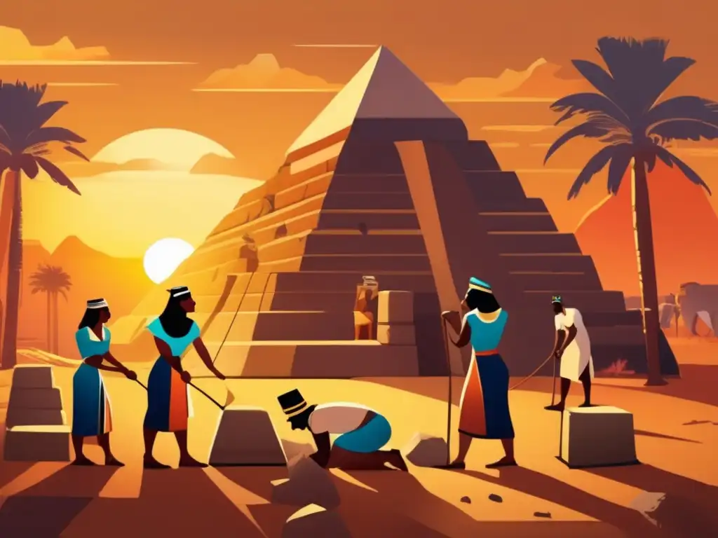 Trabajadores egipcios antiguos construyendo una pirámide con avances en la construcción