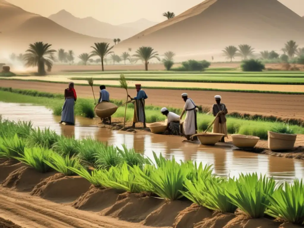 Trabajo agrícola en el antiguo Egipto resalta la importancia de esclavos en su economía, en un paisaje nostálgico y fértil del Valle del Nilo