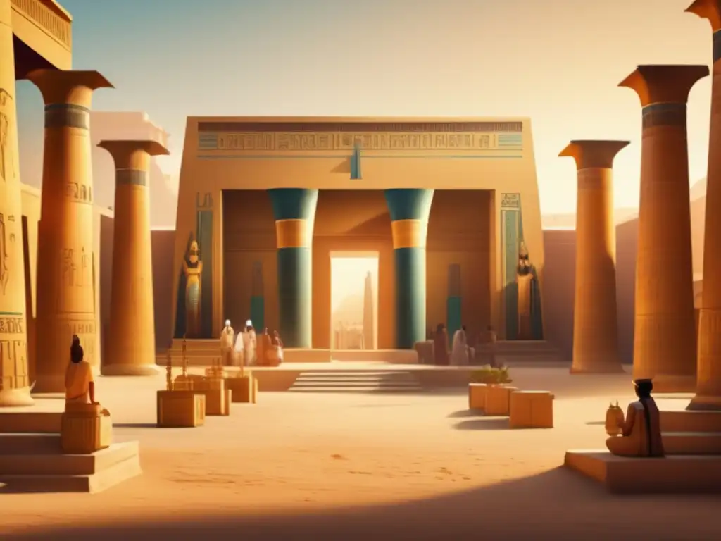 Un tranquilo patio de templo en el antiguo Egipto, bañado en cálida luz dorada