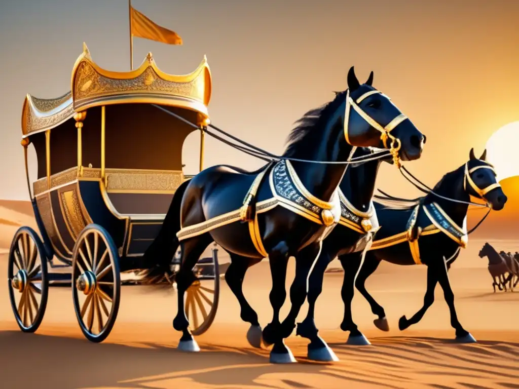 Transporte militar egipcio revolución: Carroza vintage del ejército egipcio en el desierto, con diseños en oro y plata