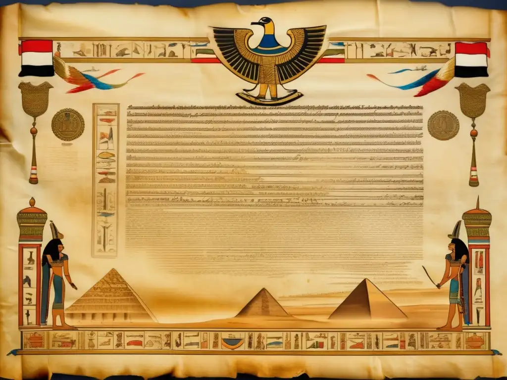 Tratados de paz en Egipto: Antiguo pergamino con bordes desgastados y caligrafía intrincada, muestra la firma de un acuerdo histórico