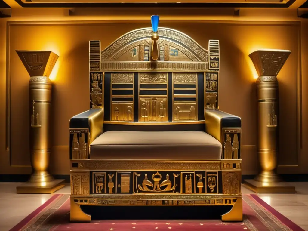 Un trono egipcio bellamente tallado, adornado con motivos simbólicos y jeroglíficos, brilla en una habitación tenue
