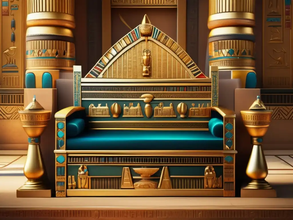 Un trono egipcio tallado y dorado con símbolos y jeroglíficos, en una sala majestuosa