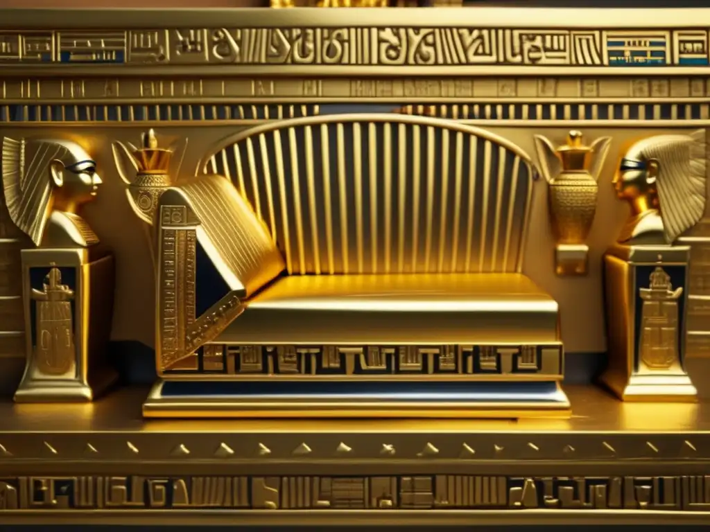 El trono de Tutankamón brilla en oro antiguo, con intrincados detalles y jeroglíficos