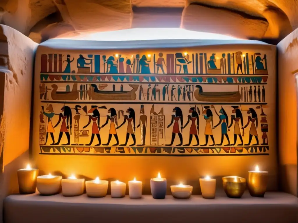 Tumba egipcia ancestral con jeroglíficos y murales vibrantes