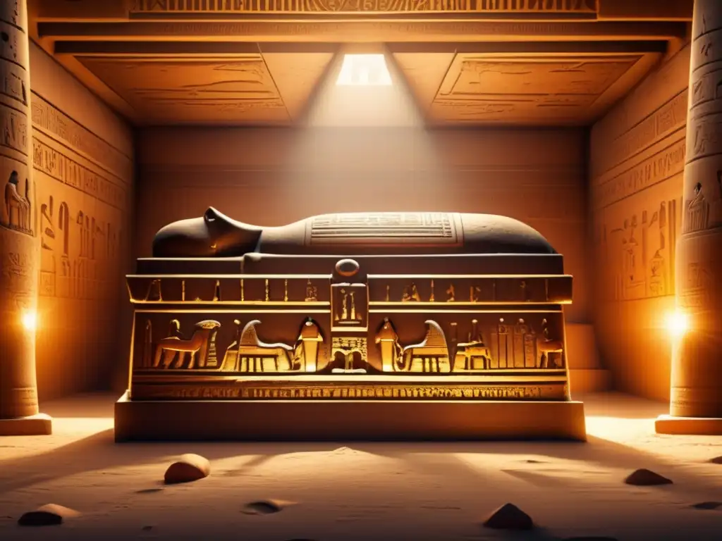 Una tumba egipcia antigua, detallada en 8K, con grabados ornados y jeroglíficos en las paredes