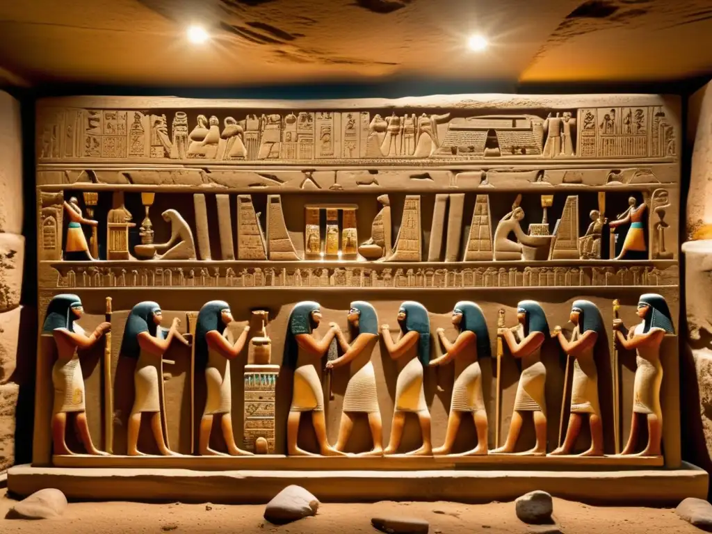 Una tumba egipcia antigua con esculturas detalladas de oferentes