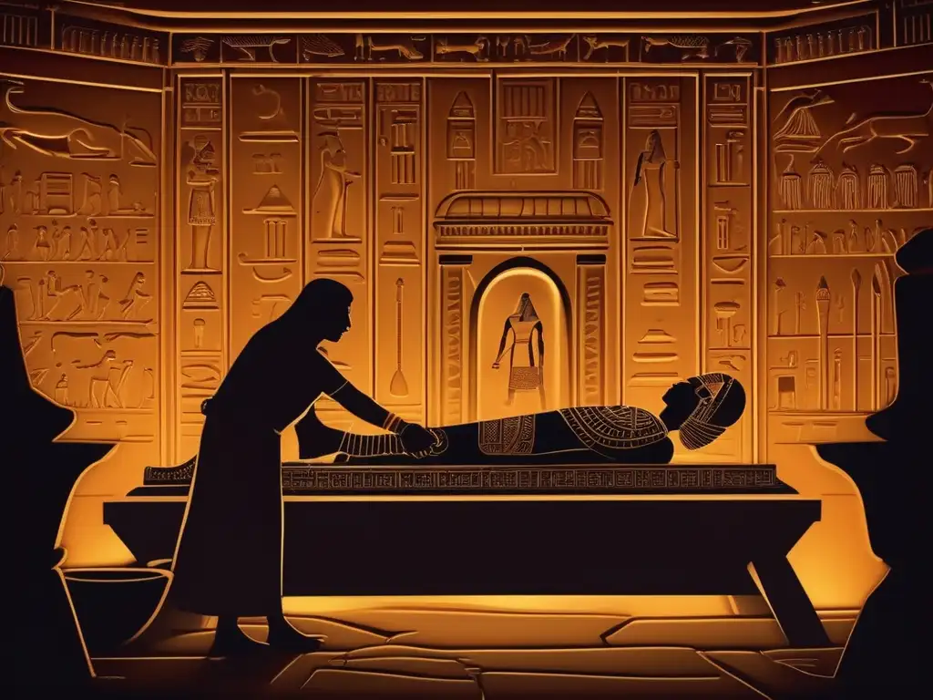 Explorando una tumba egipcia antigua, con hieroglíficos detallados e iluminada por antorchas