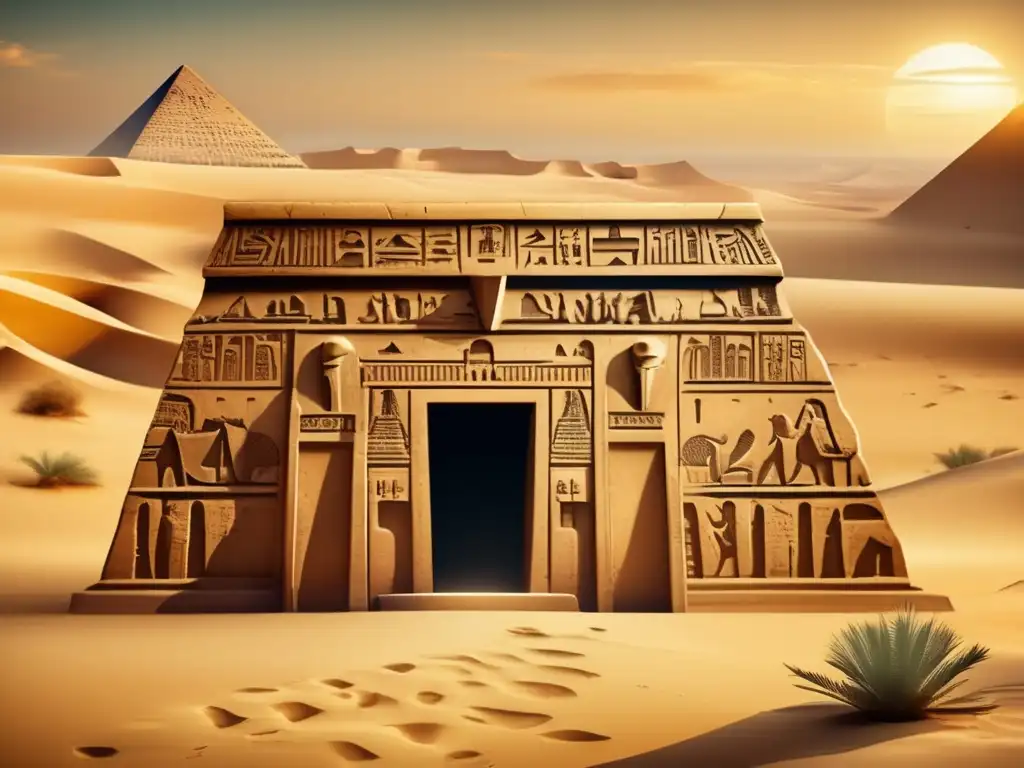 Una tumba egipcia antigua, llena de detalles y jeroglíficos, en un paisaje desértico