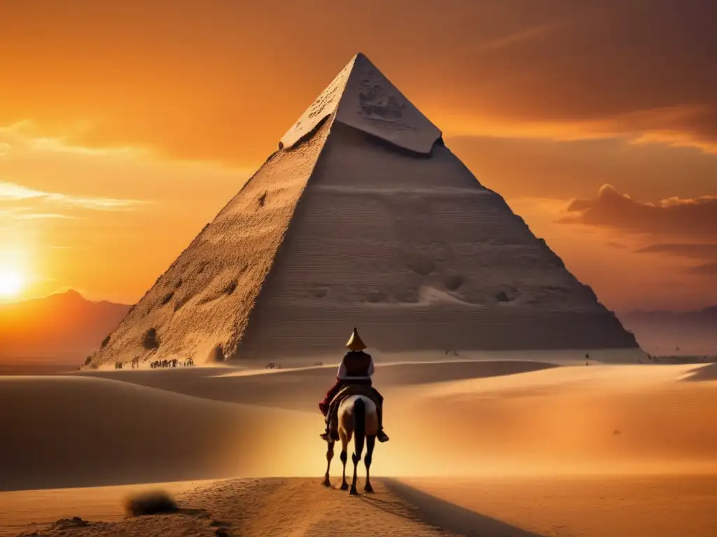 La Tumba de Alejandro Magno en Egipto, una majestuosa imagen vintage de la Gran Pirámide de Giza destacando contra un cielo atardecer impresionante