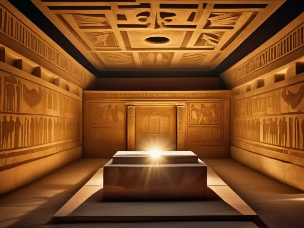 La tumba perdida de Alejandro Magno: una cámara subterránea iluminada tenuemente, repleta de símbolos y artefactos griegos antiguos
