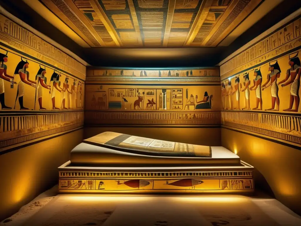 En la tumba de Ay, sucesor de Tutankamón, la cámara iluminada débilmente muestra hieroglíficos y murales vibrantes