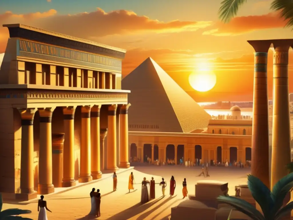 Cleopatra, última dinastía faraónica, contempla desde el balcón la magnífica opulencia del antiguo Egipto en el palacio de Alejandría