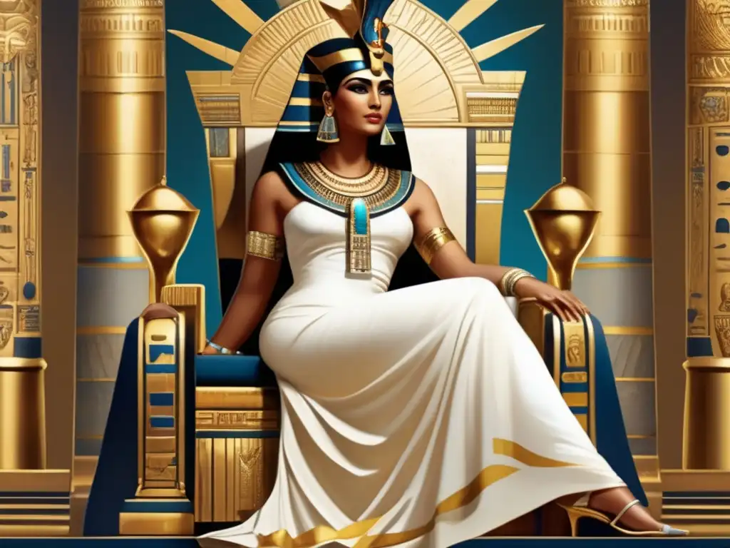 Cleopatra, última dinastía faraónica, en una pintura vintage rodeada de símbolos de poder y la grandiosidad del antiguo Egipto