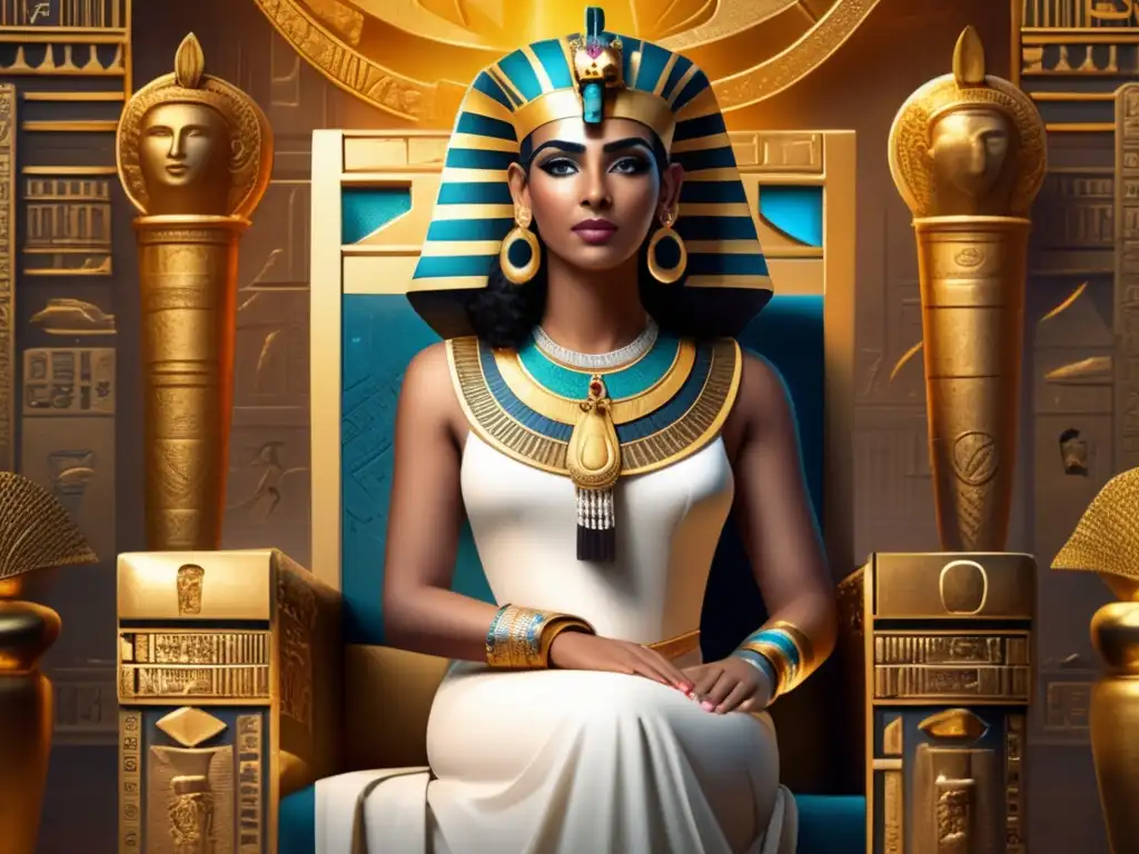 Cleopatra última dinastía faraónica, majestuosamente sentada en su trono dorado, rodeada de símbolos y artefactos egipcios