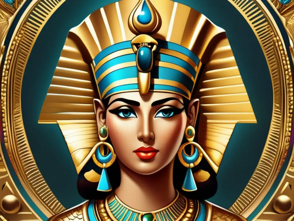 Una ilustración vintage de Cleopatra, la última faraona de Egipto, con su belleza hipnotizante y joyas de oro
