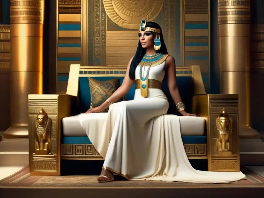 Cleopatra VII, última faraona de Egipto, en su trono dorado con jeroglíficos intrincados