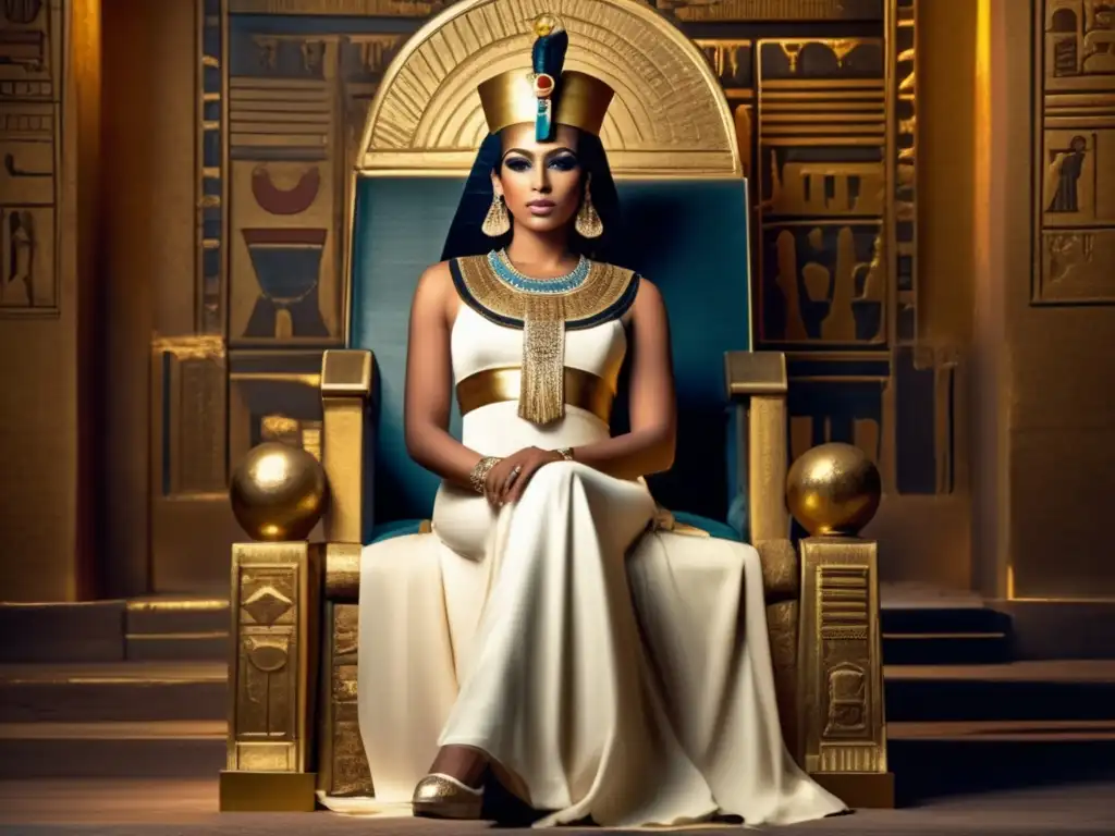 Cleopatra VII, última faraona de Egipto, en su trono dorado con jeroglíficos