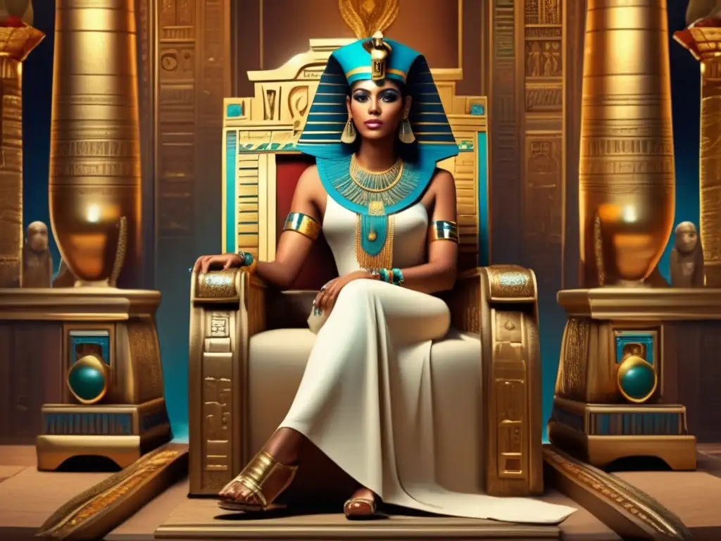 Cleopatra VII, última faraona de Egipto, se sienta en su trono en un palacio lujoso