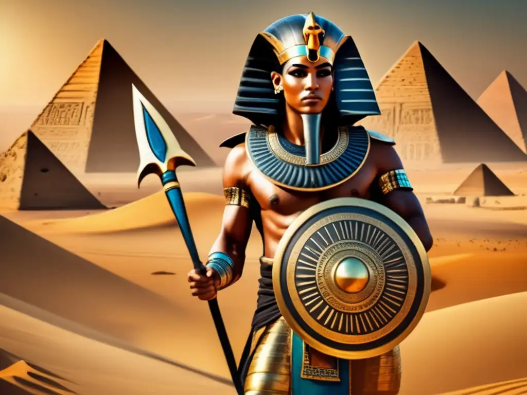 Un valiente guerrero egipcio sostiene una espada mediterránea y un escudo adornado, con el desierto de fondo y las pirámides de Giza a lo lejos