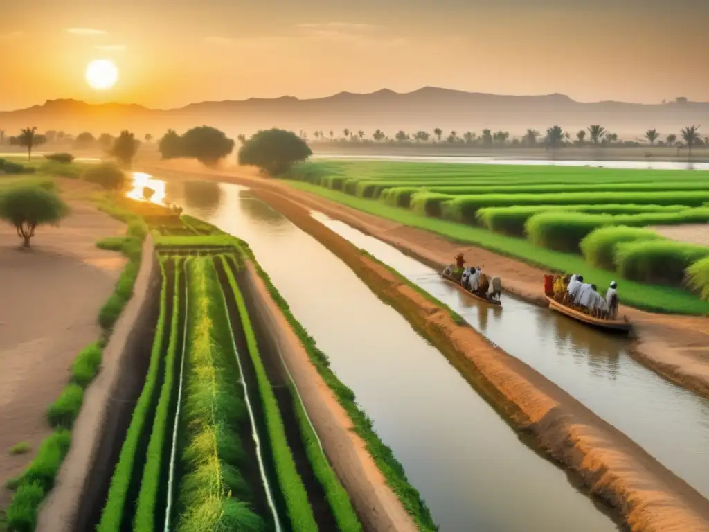 Ingeniería agrícola en el Valle del Nilo: Ingenieros antiguos construyen canales e irrigan campos verdes, bajo el cálido sol dorado
