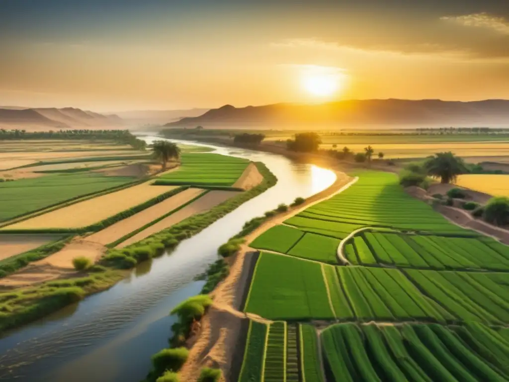 Ingeniería agrícola en el Valle del Nilo: El majestuoso río Nilo fluye a través del fértil valle, donde canales antiguos irrigan campos verdes