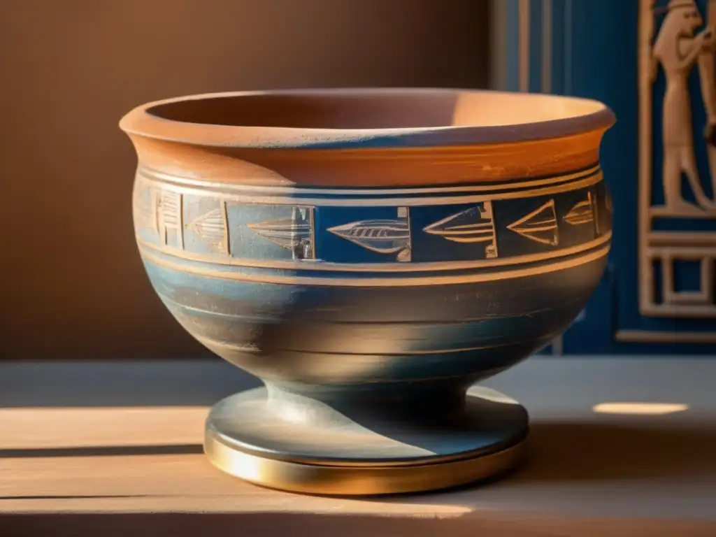 Una vasija cerámica antigua de Egipto, perfectamente conservada, reposa en un pedestal de madera desgastada, bañada por la cálida luz del sol que atraviesa una ventana polvorienta