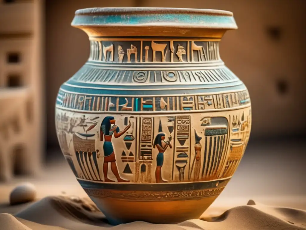 Una vasija de cerámica egipcia antigua, detallada y adornada con intrincados jeroglíficos y patrones