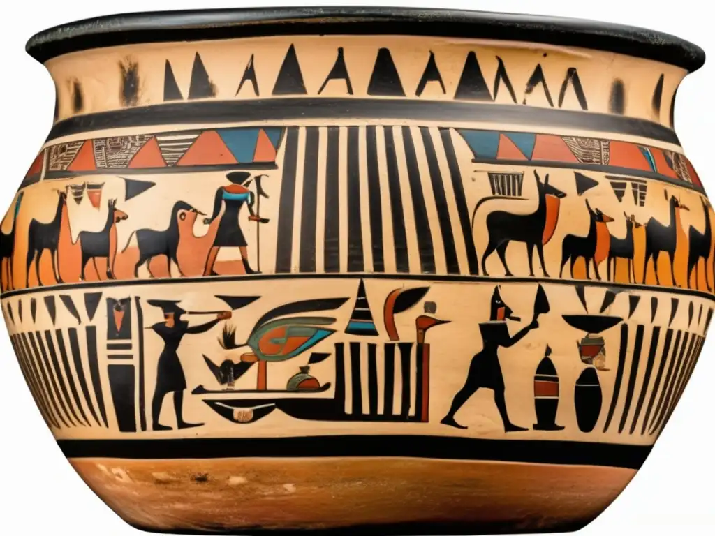 Vasija de cerámica del Egipto Predinástico con expresiones artísticas detalladas: patrones geométricos, símbolos y escenas de la vida diaria en colores vibrantes