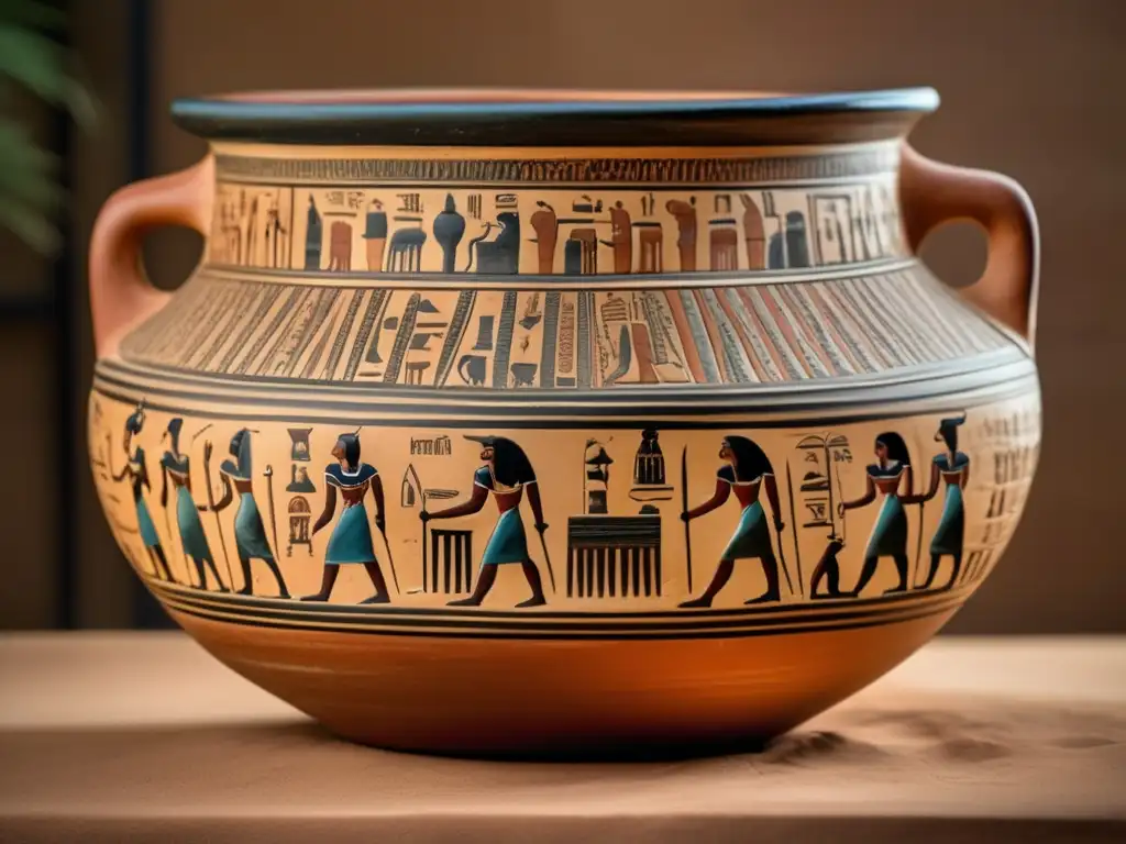 Una vasija egipcia de cerámica antigua, con intrincados diseños y patrones