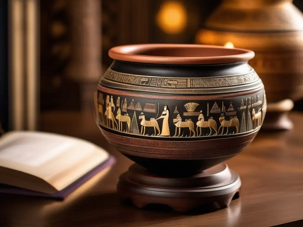 Una vasija egipcia vintage de cerámica, adornada con diseños intrincados y patrones