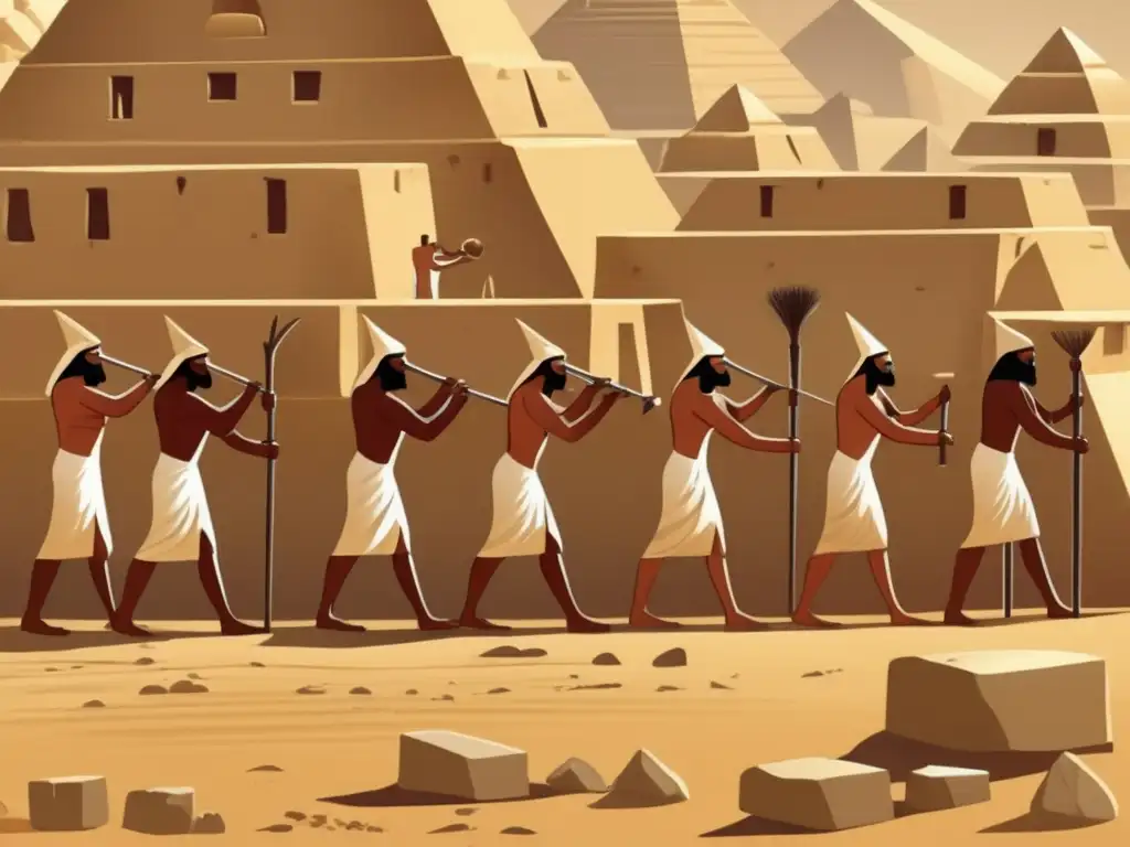 La verdadera labor de construcción de las pirámides de Egipto: trabajadores egipcios antiguos, sudorosos bajo el sol abrasador, esculpen y transportan bloques de piedra mientras el Nilo fluye en el fondo