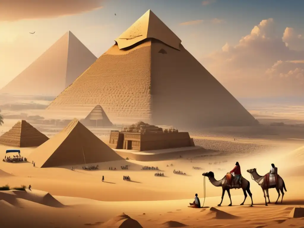 La verdadera labor de construcción de las pirámides en Egipto: una ilustración detallada que muestra la grandiosidad y complejidad del proceso, con trabajadores y artesanos trabajando juntos