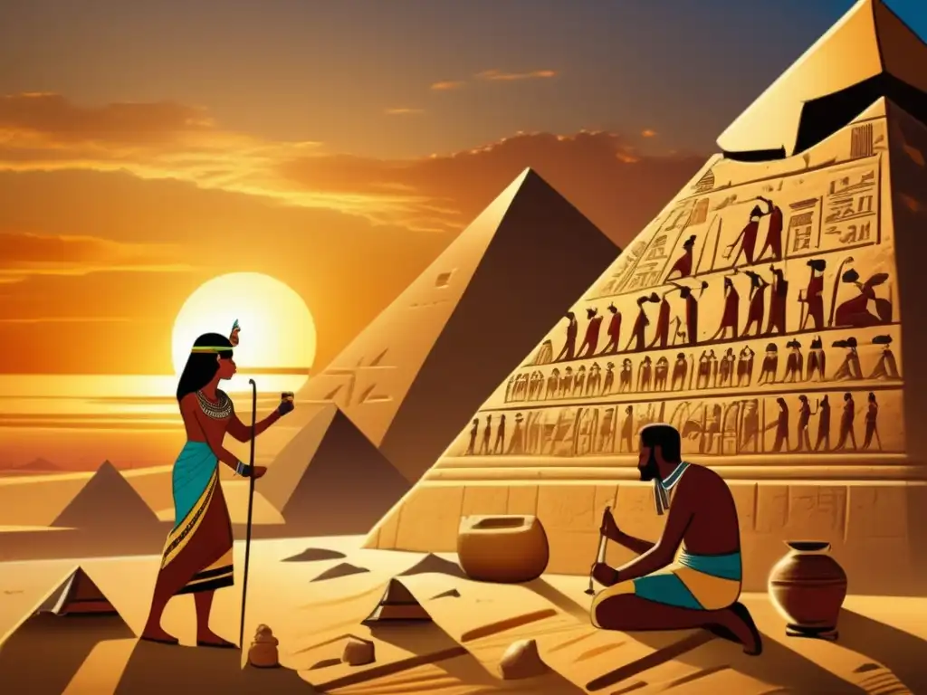 Verdadera labor en la construcción de las pirámides de Egipto: Artistas antiguos tallando jeroglíficos, envueltos en colores vibrantes y bañados por el cálido resplandor del atardecer dorado