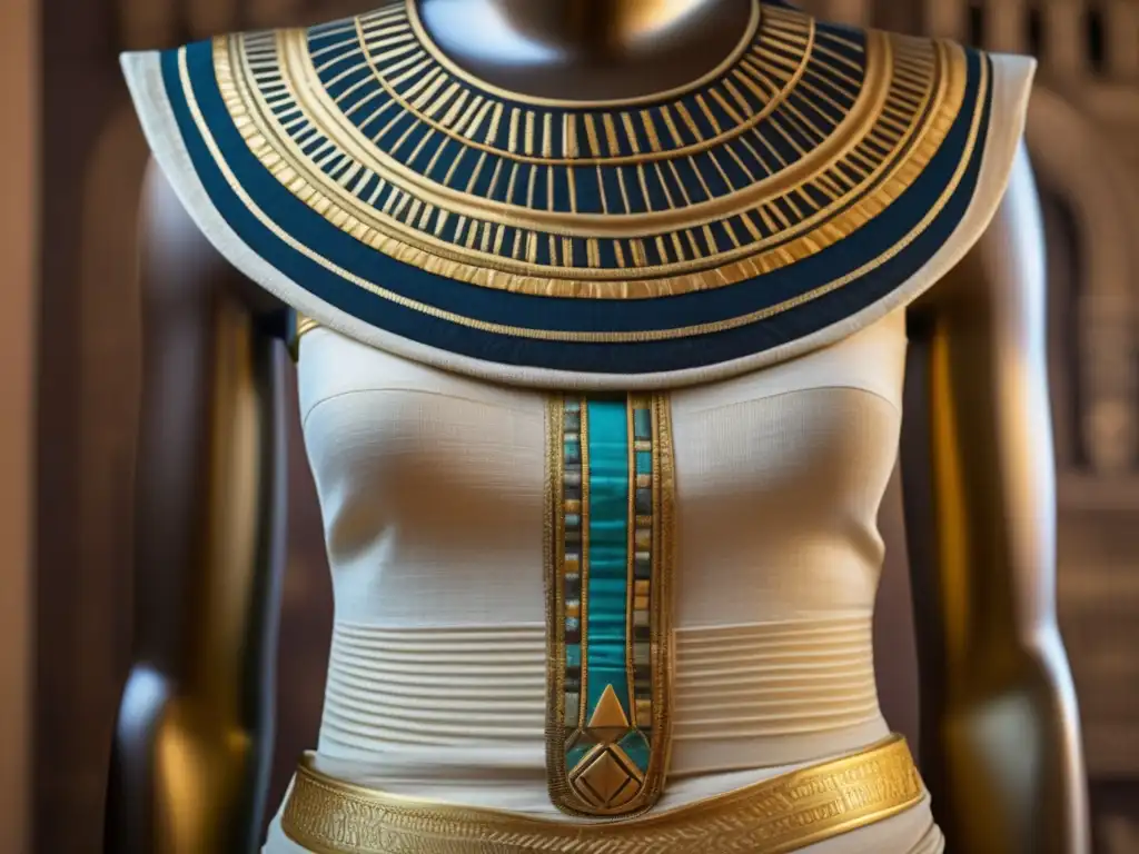 Vestimenta antigua egipcia con significado cultural y moda delicada, tejida en lino fino y adornada con símbolos dorados y bordados