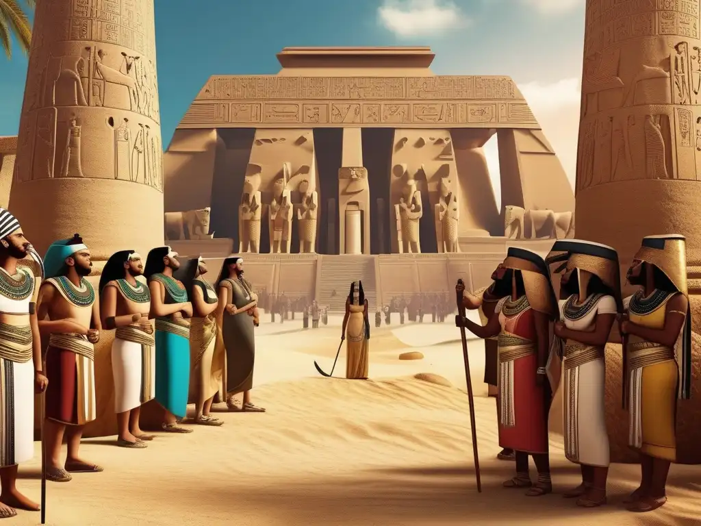 Vestimenta en la civilización egipcia: Una escena vibrante y elegante que evoca la opulencia y grandiosidad del antiguo Egipto