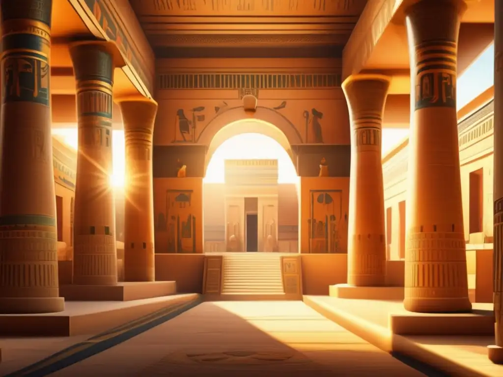 Viaje al esplendor de los palacios faraónicos del Antiguo Egipto: una escena cálida y nostálgica con detalles intrincados y murales vibrantes