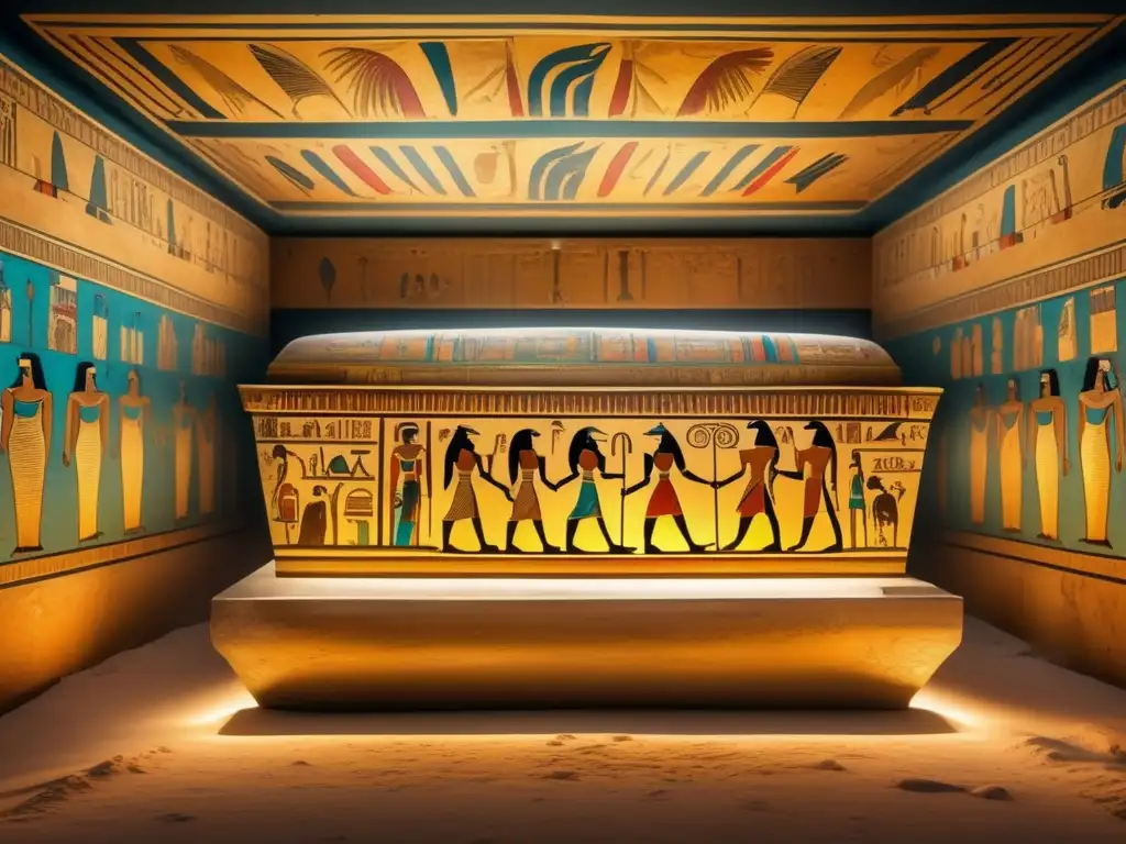 Viaje místico a través del simbolismo en pinturas cámaras funerarias egipcias: una cámara antigua delicadamente preservada con murales vibrantes y detallados que representan el juicio del corazón, la guía del alma y el renacimiento