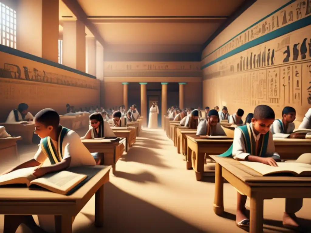 Vibrante aula egipcia con alumnos atentos y un sabio escriba enseñando