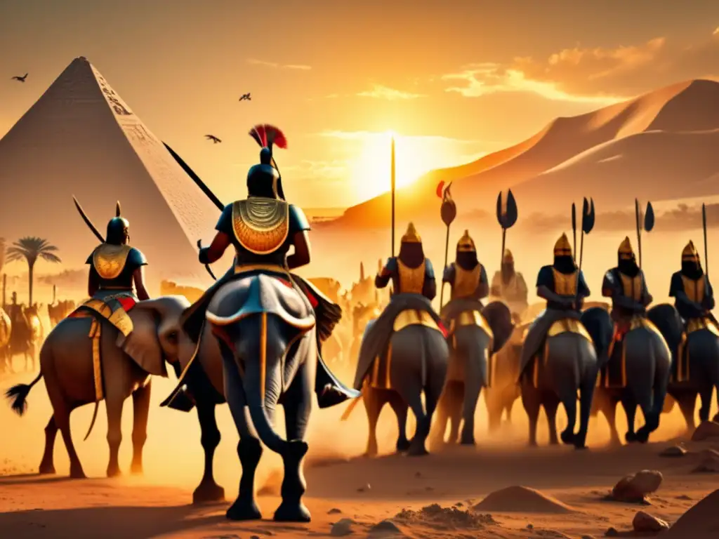 Vibrante batalla en Egipto antiguo, con soldados y elefantes estratégicos en un paisaje dorado