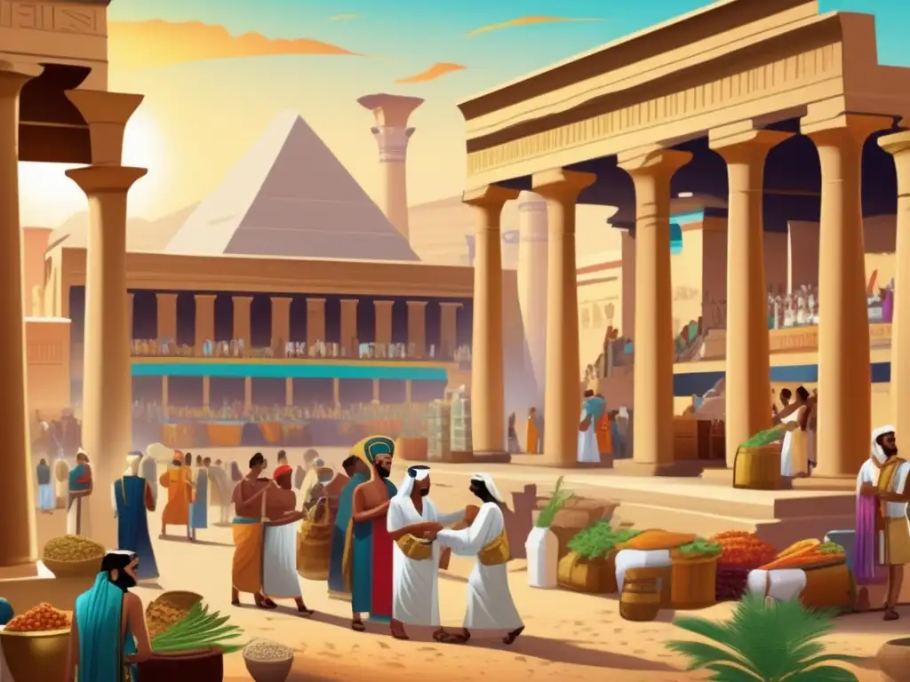 Vibrante ilustración vintage de un bullicioso mercado en el antiguo Egipto