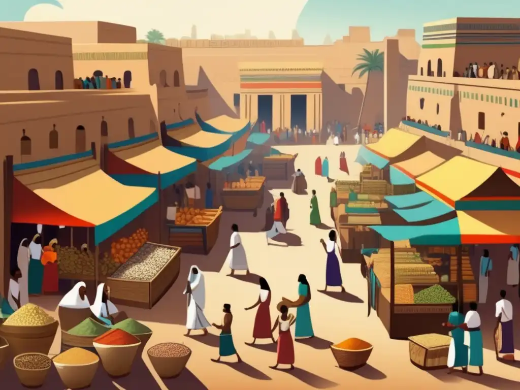 Vibrante ilustración vintage de un bullicioso mercado en el antiguo Egipto del Imperio Nuevo